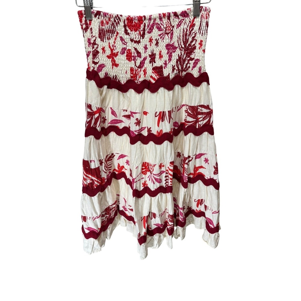Caroline Constas Skirt Womens S Red Floral Smocked Tiered Ric-Rac Linen Resort - Picture 2 of 9